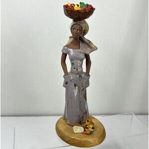 Jamaican Woman Folk Art Pottery Fruit Basket Glazed Clay Sculpture Figurine